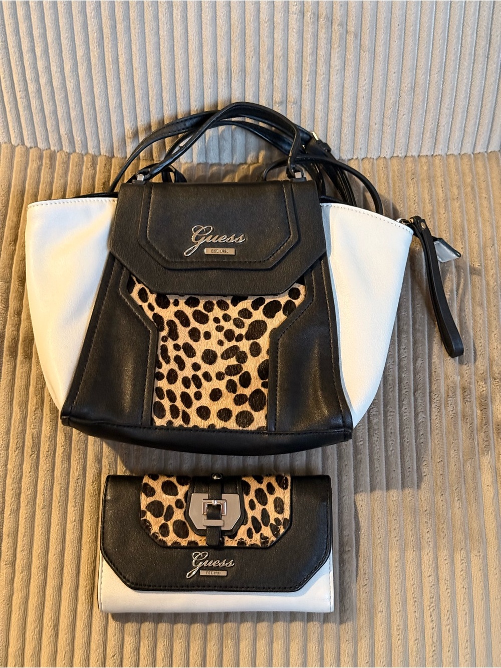 GUESS Black, White & Leopard Print Tote with Matching Wallet